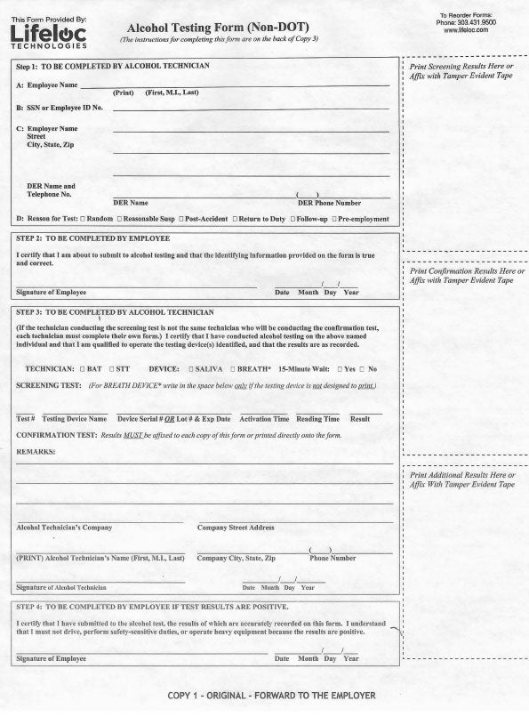 Alcohol Non-DOT Forms (Pack of 25)