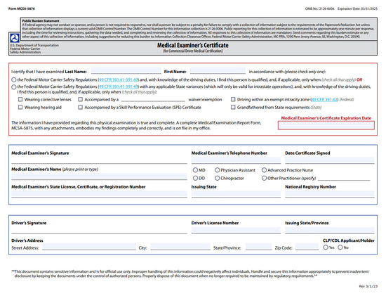 Medical Examiners MCSA-5876 Self-Laminating Certificate – Pass My Physical