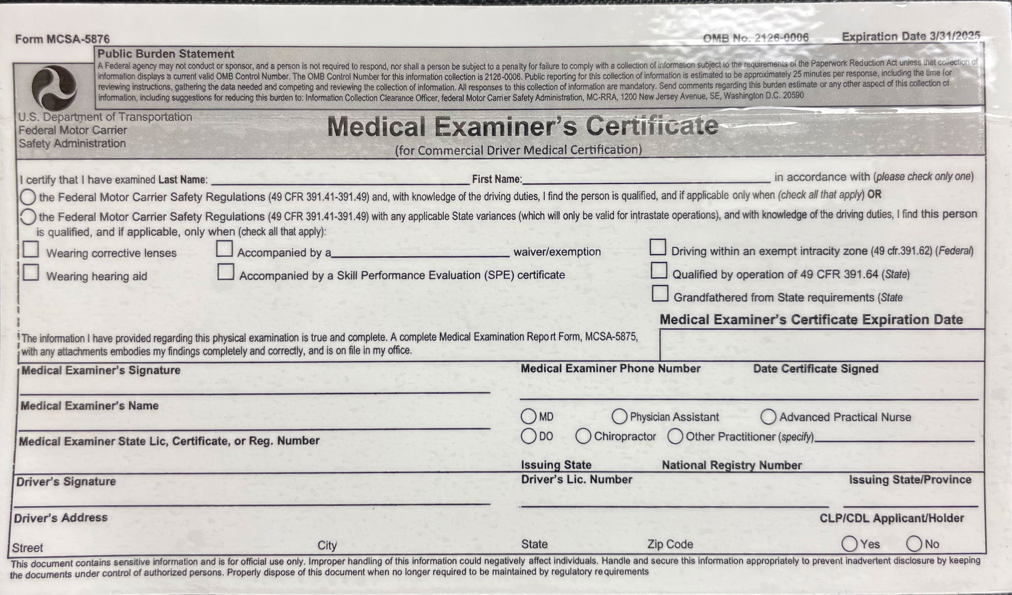 Medical Examiners MCSA 5876 Self Laminating Certificate Pass My Physical medical-examiners-mcsa-5876-self-laminating-certificate-pass-my-physical